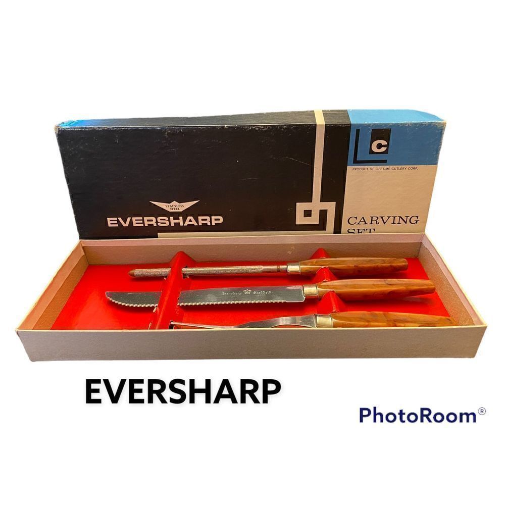 Vintage EVERSHARP Stainless Steel 3 Piece Carving Set In Original Box